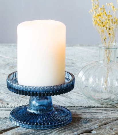 Blue glass ribbed candle holder