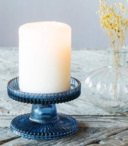 Blue glass ribbed candle holder