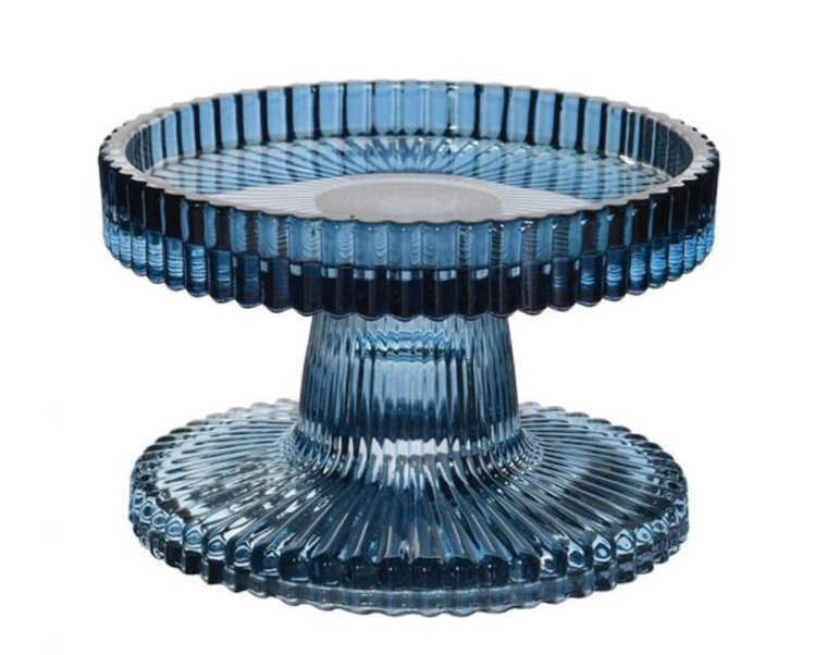 Blue glass ribbed candle holder