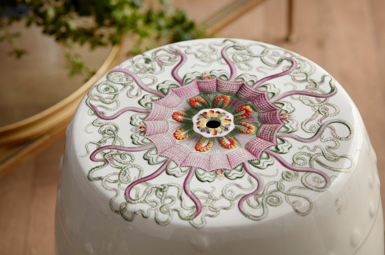 Ceramic Stool - Pink on White Pattern