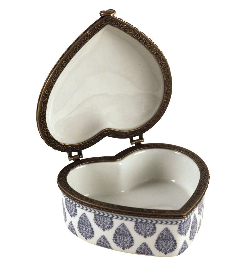 Porcelain Heart shaped box in Paisley Blue Design