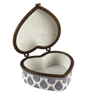 Porcelain Heart shaped box in Paisley Blue Design