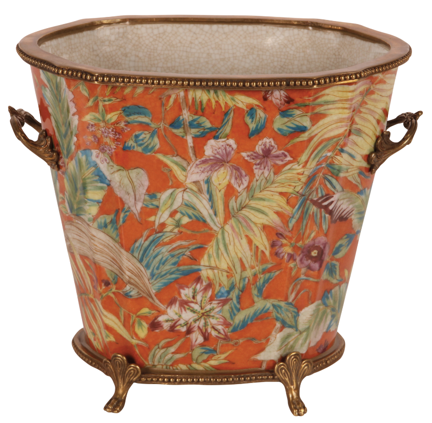 Tall Oval Porcelain Planter - Coral Red with Brass edging