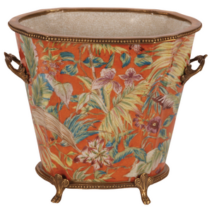 Tall Oval Porcelain Planter - Coral Red with Brass edging