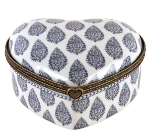 Porcelain Heart shaped box in Paisley Blue Design