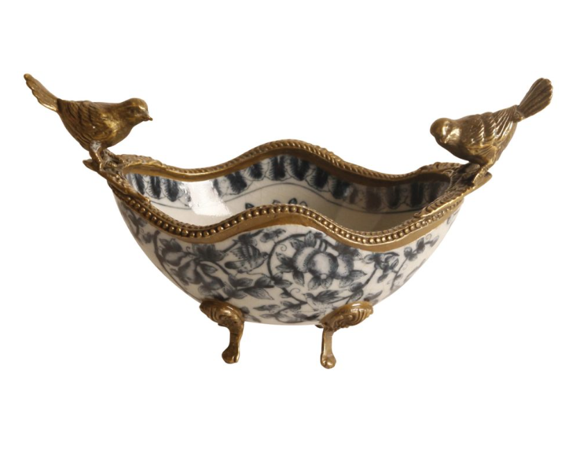 Small Oval Porcelain & Brass Bowl - Blue