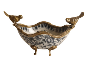 Small Oval Porcelain & Brass Bowl - Blue