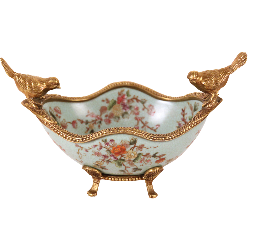 Oval Porcelain & Brass Bowl - DuckEgg